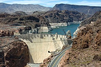 oover Dam aerial view of Colorado and Nevada river bridge hydroelectric 